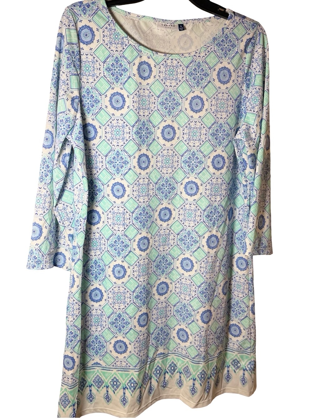 Cabana Life Light Blue & Mint Geometric Print Long Sleeve Shift Dress